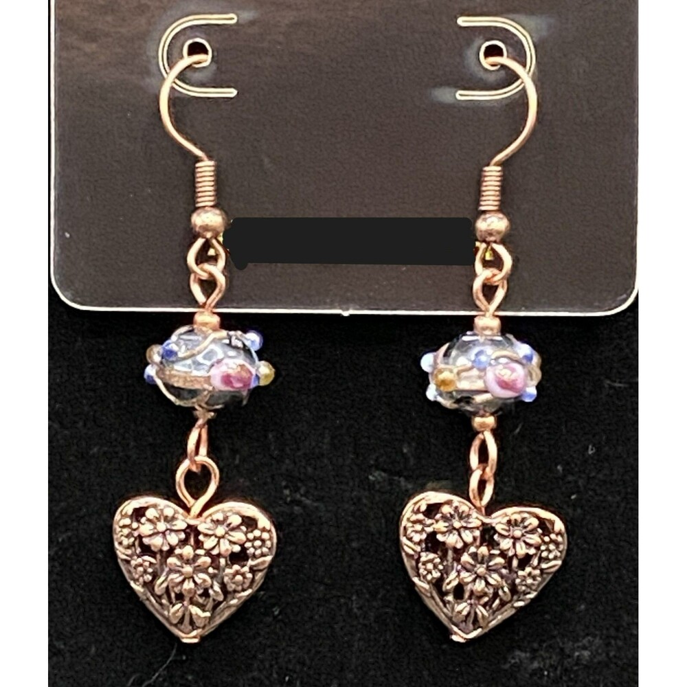 Handmade Floral Heart & Lampwork Glass Bead Copper Tone Earrings by Neanie-Bot